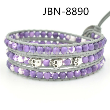 Retro Skull Purple Agate Beads Leather rope multilayer Bracelet