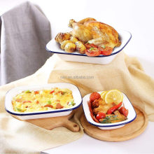 White Multifunction Rectangular Roasting Pans with Blue Rim for Oven and Baking