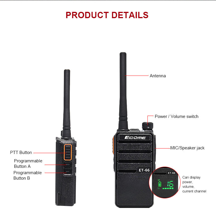 Best Sell Ecome ET-66 LARGN RANDE UHF Radio Handle Office Walkie Talkie 4 Paquete