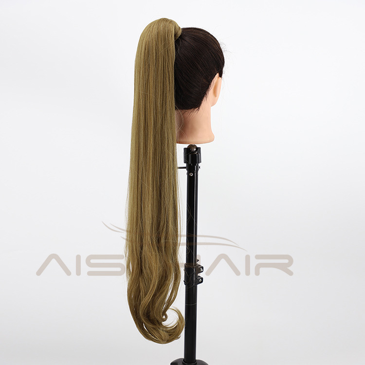 Aisi Hair Vendor Wholesale Long Straight Curly Wave End Magic Paste Brown Ponytail Drawstring Synthetic Ponytail Hair Extension