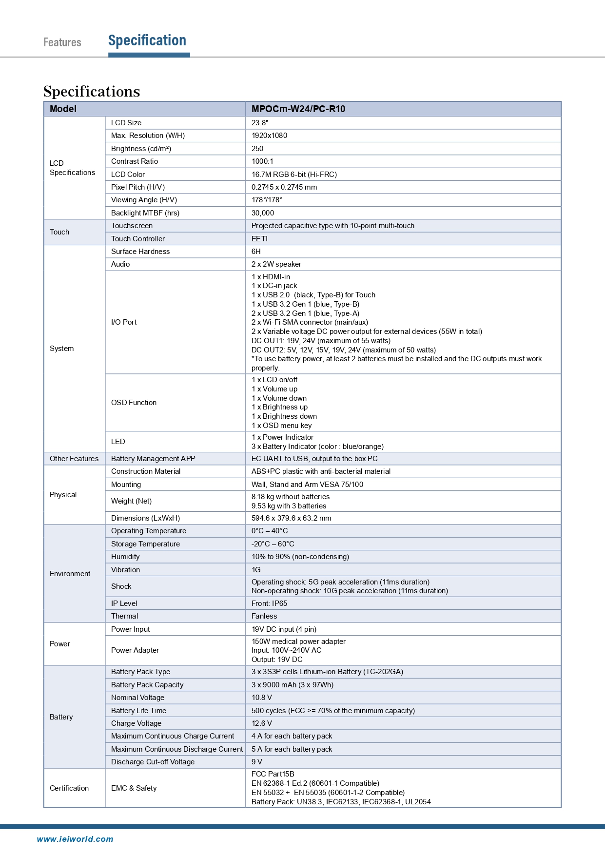 IEI MPOCm-W24 23.8 inch FHD Medical Monitor  IP65 front bezel 10-point PCAP touchscreen  Hot-swappable batteries