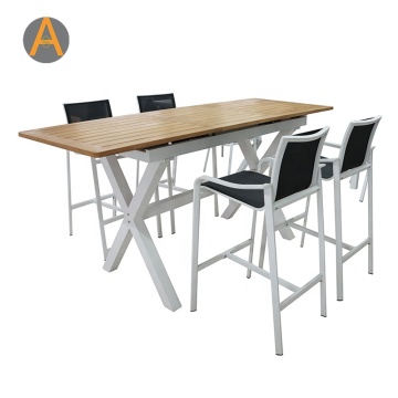 Aluminum Patio Bar Chair Set with Teak Extension Outdoor Bar Table