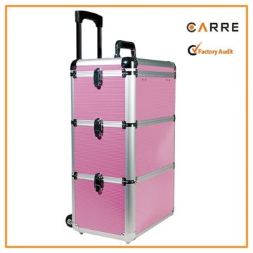 professional rolling aluminum makeup case with trolley