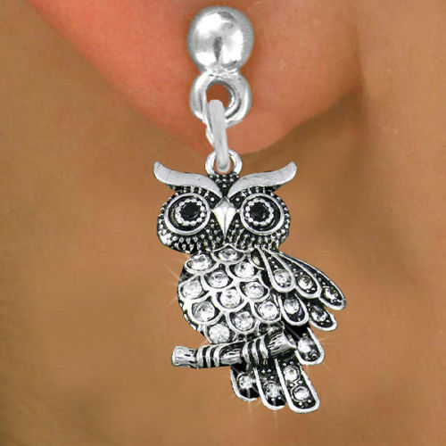 Lead, Nickel & Cadmium Free Clear Rhinestone Owl Charm Earring Animal Earring