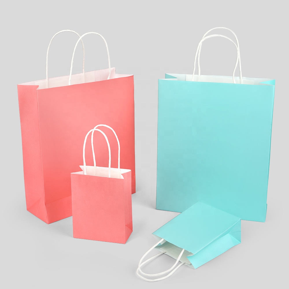 Eco Friendly Kraft Paper Hand Bag Custom Logo Square Craft Party Pink Blue Shopping Packaging Gift Wrapping Bags With Handles1