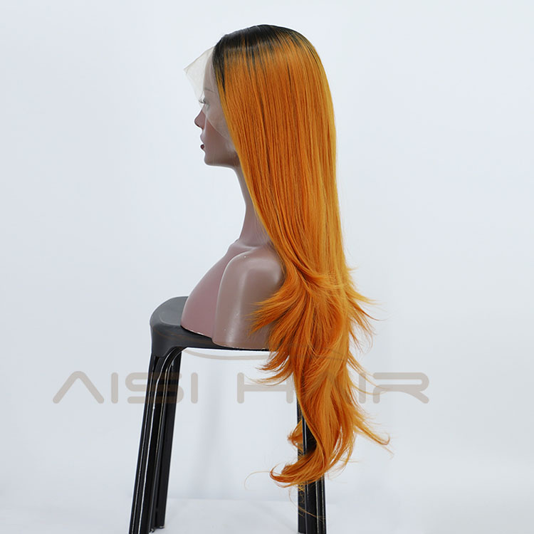 Aisi Hair Wholesale Vendor Body Wave Curly Long Wavy Ombre Orange Lace Frontal Synthetic Hair For Black Women Lace Front Wig
