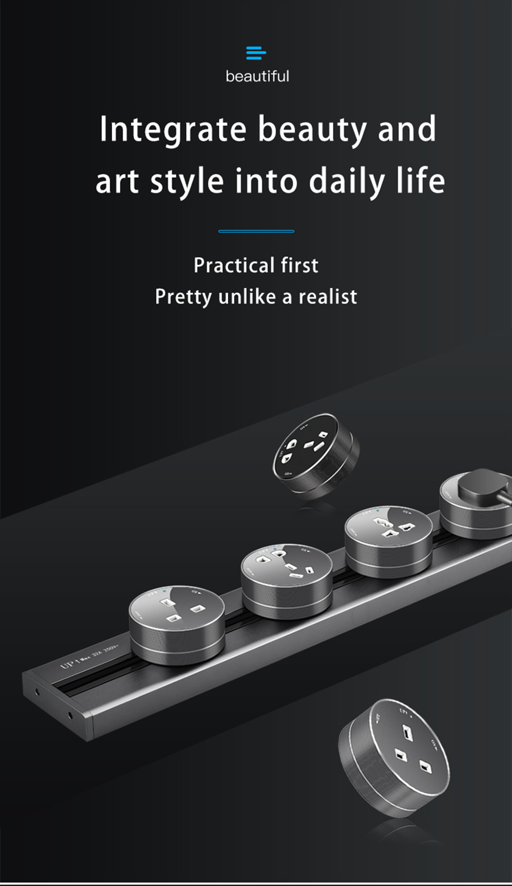 movable kitchen electrical black LED  recessed and surface track Socket with 3 gang power socket /60CM power track socket