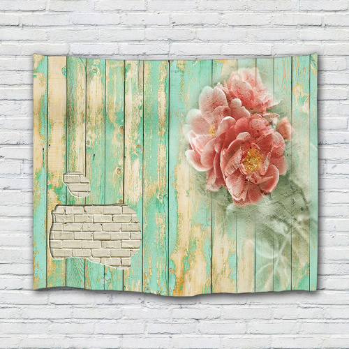 Vintage Planks with Pink Flower Tapestry Wall Hanging Vertical Striped Wooden Board Green Spring Wall Tapestry for Livingroom Be