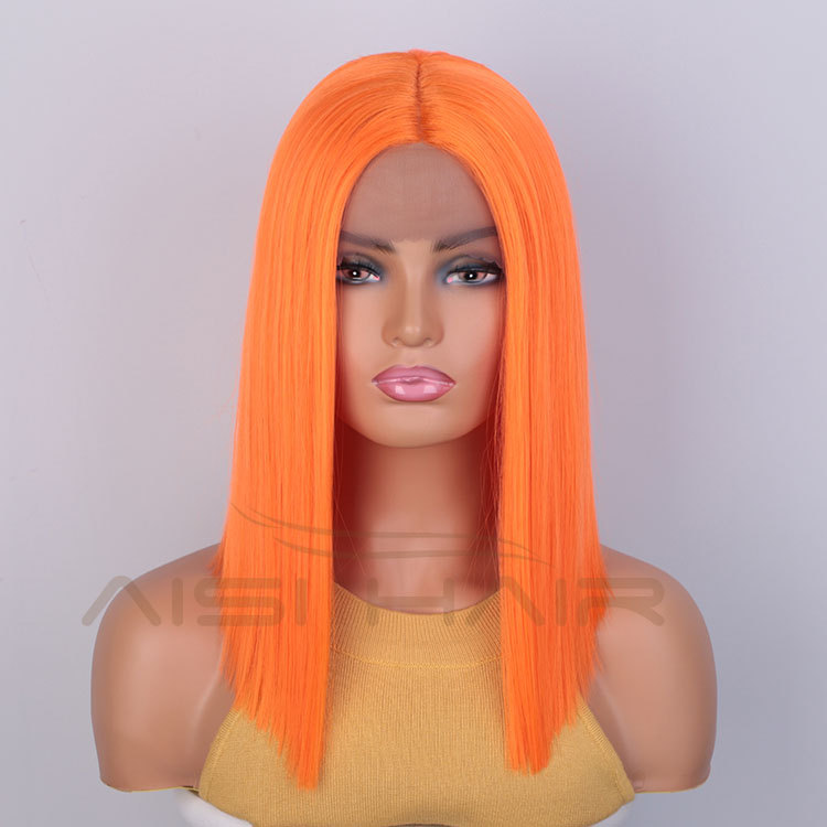 Aisi Hair Medium Long 16 Inch Cosplay Orange Wig Swiss Lace Wig Silky Straight Synthetic Lace Frontal Hair Wigs For Black Women