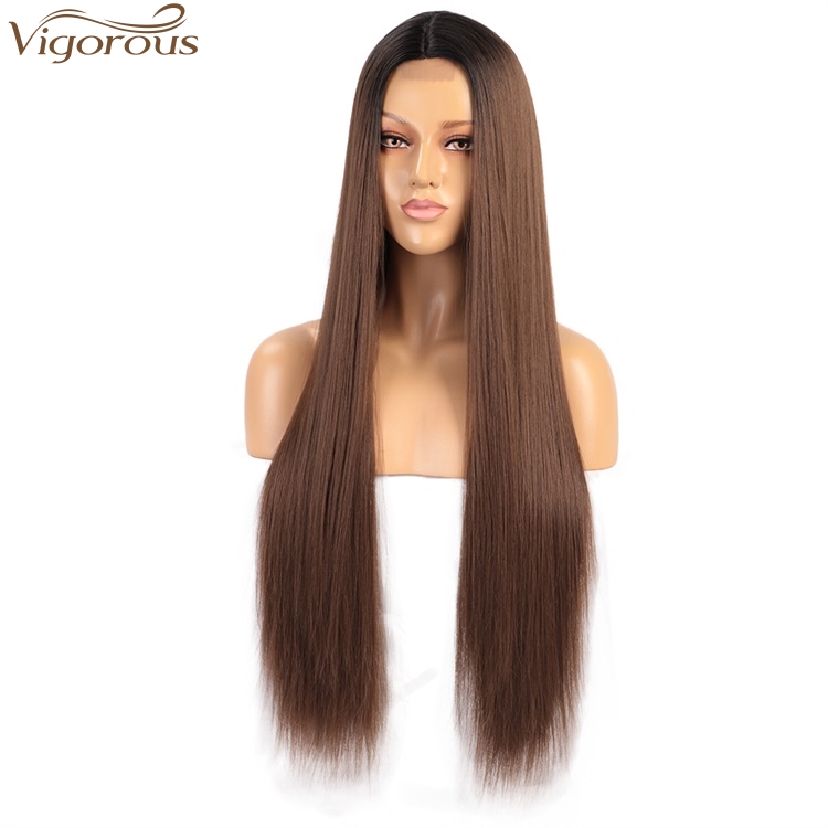 Vigorous Fashion Girl Cheap Long Silky Straight Wigs Lace Middle Part Ombre Brown Wigs For White Women Heat Resistant