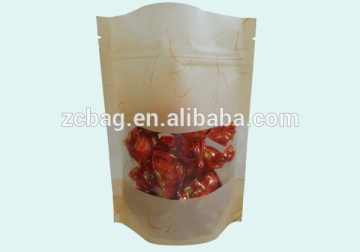 gold silk Kraft paper standup food bag with zipper and window rice paper bag