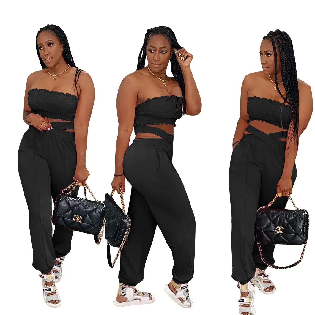 L285309 Summer Casual Women's Clothing 2-Piece Set Fashion Sexy Tube Top and Cross Trousers with Pockets