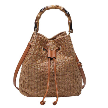 Casual handwoven bucket bag drawstring shoulder bag tote hanbag purse with bamboo handle