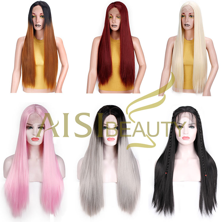 Aisi Beauty Wholesale Cheap Vendor 26 Inch Long Silky Straight Lace Frontal Synthetic Hair For Black Women Lace Front Wig