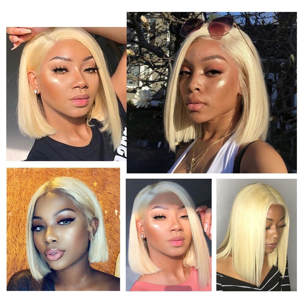 Ombre Blonde Brazilian Virgin Human Hair Lace Wigs For Women With Baby Hair Pre Plucked,613 Short Bob Wigs