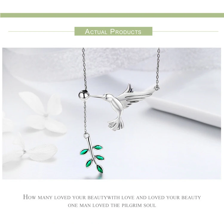 Authentic Women Gift Spring Bird & Tree Leaf Leaves Dangle Pendant Necklace925 Sterling Silver Jewelry