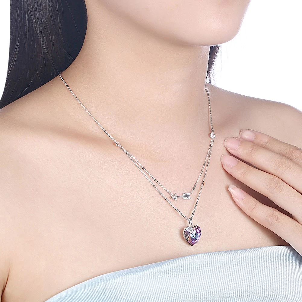 Latest Design New Fashion Necklace Jewelry Statement Gift Elegant Crystal Colorful 925 Sterling Silver Heart Simple Necklace