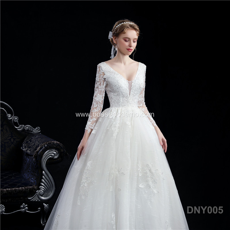 Sheer Neck Lace Appliques Long Sleeves Vintage Bridal Gown Wedding Dress 2020