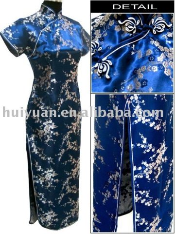 Long length dark blue chinese style silk cheongsam dress