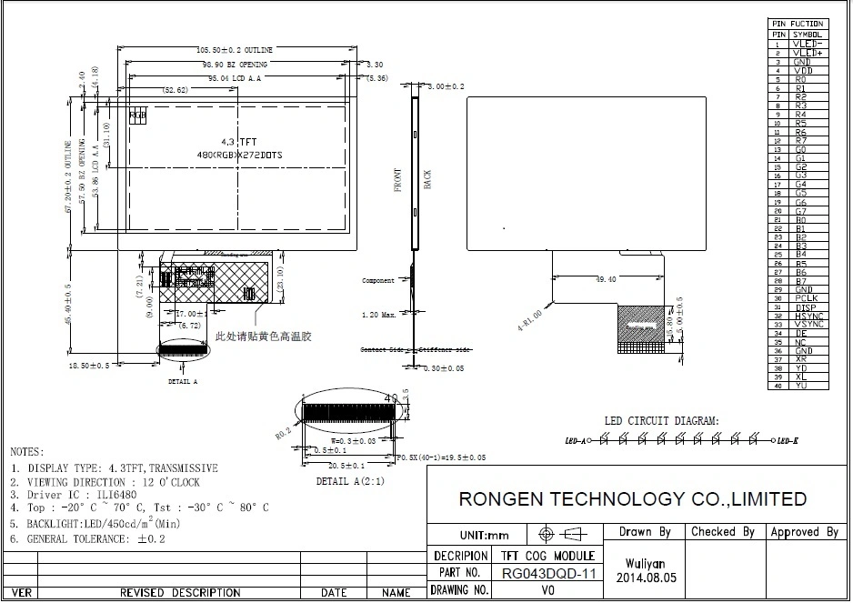 Ronen Rg043dqd-11 40pin 4.3inch 480*272 LCD Screen with 450 Brightness