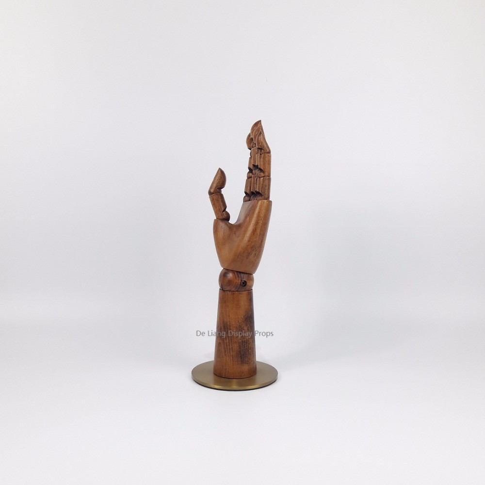 DLW480 Antique dark brown Dummy Wooden Hand Mannequin Display with titanium base joints adjustable beech wood 29cm hand length