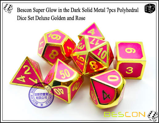 Bescon Super Glow in the Dark Solid Metal 7pcs Polyhedral Dice Set Deluxe Golden and Rose-3