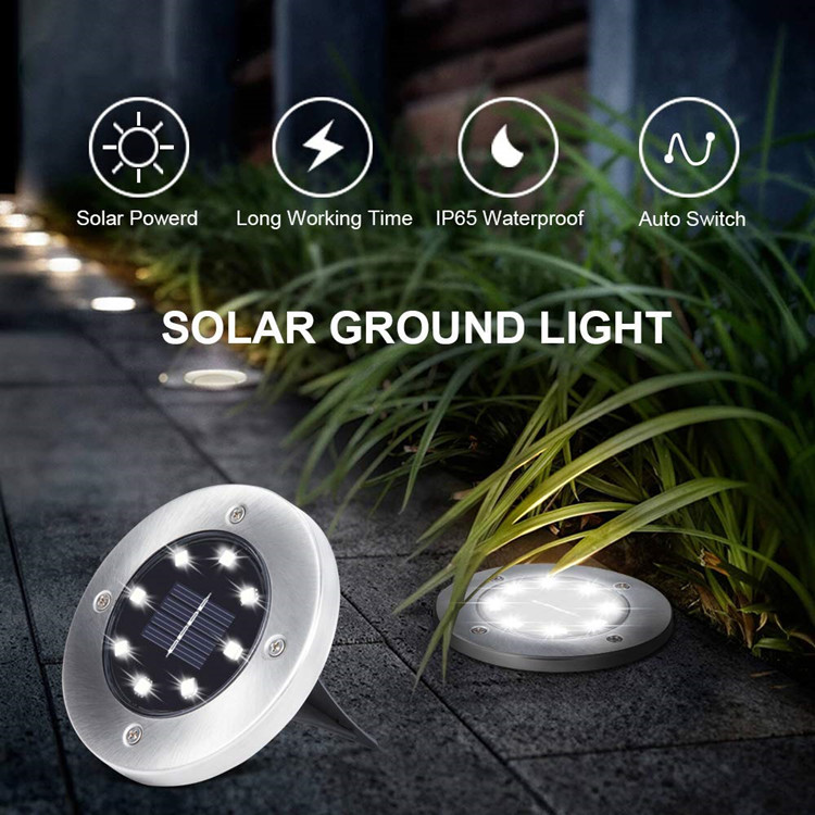 Wason Hot Sale 8LED Auto On/off Night Security Disk Powered Led Garden Light Walkway Outdoor Solar Ground Lights