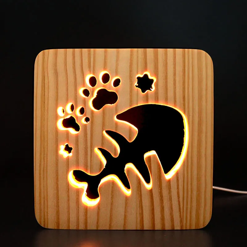 Creative 3D Night Light, Solid Wood Hollow Carving, LED Desk Lamp