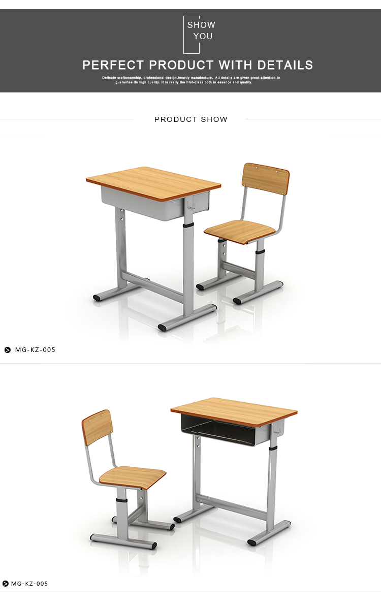 Ergonomic single student height adjustable desk and chair school furniture price list with epoxy powder coated leg