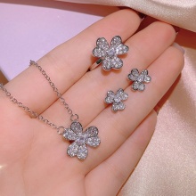 Zircon Flower Wedding Necklace, Earrings, and Ring Set for Bride