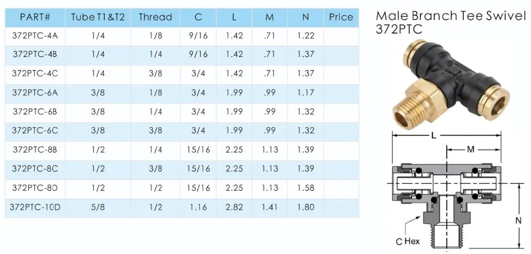 Male Branch Tee Swivel 372PTC Composite Brass Collect Pneumatic Push-in DOT Fittings