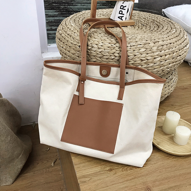 Custom Summer New cotton tote bag large capacity women's shopping bag with Pu Handle