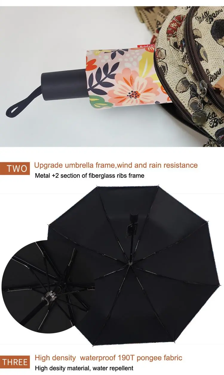 Black UV Coated Manual Open 3 Folding Umbrella Solar Umbrella Flower