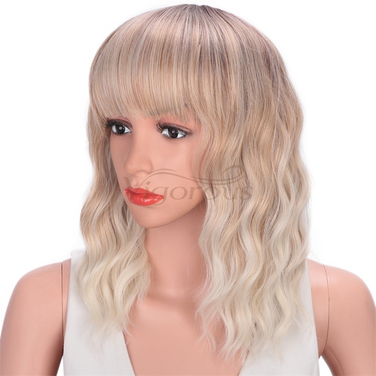 Vigorous Wavy Short Bob with Air Bangs Shoulder Length Curly Synthetic Cosplay Ombre Blonde Bob Wig for Girl