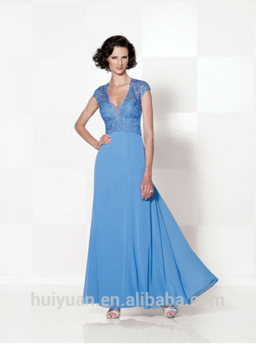 formal blue chiffon lace cap sleeve mother dress new style bridesmaid dress