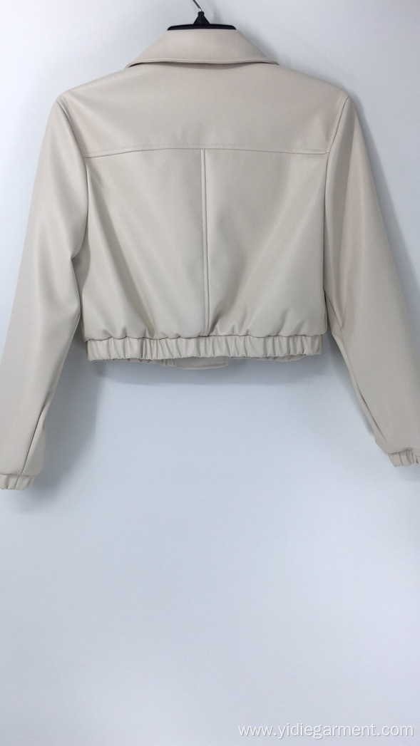 Women's Cream Faux Leather Crop Jacket