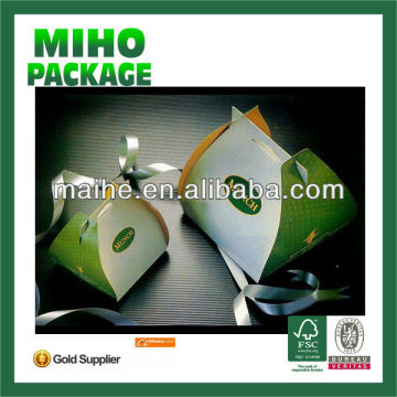 cardboard cake handle box/paper box with handle/green folding cardboard color box