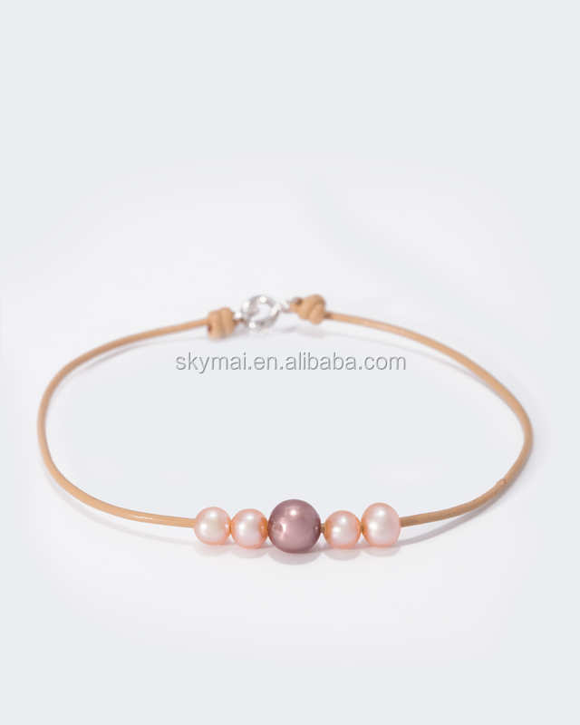 wholesale 925 sterling silver bracelet with fresh water pearl genuine leather bracelet for women