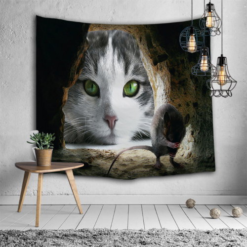 Cat Look at Scared Mouse Tapestry Animal Unique Wall Hanging 3D Print Wall Tapestry for Kids Livingroom Bedroom Home Dorm Decor