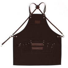 Barber apron, canvas bib apron with leather straps and multifunction pockets