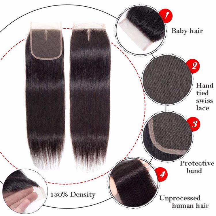 Peruvian Hair Bundle With Closure Transparent Lace Straight Original Human Hair 1B613 Closure with Baby Hair