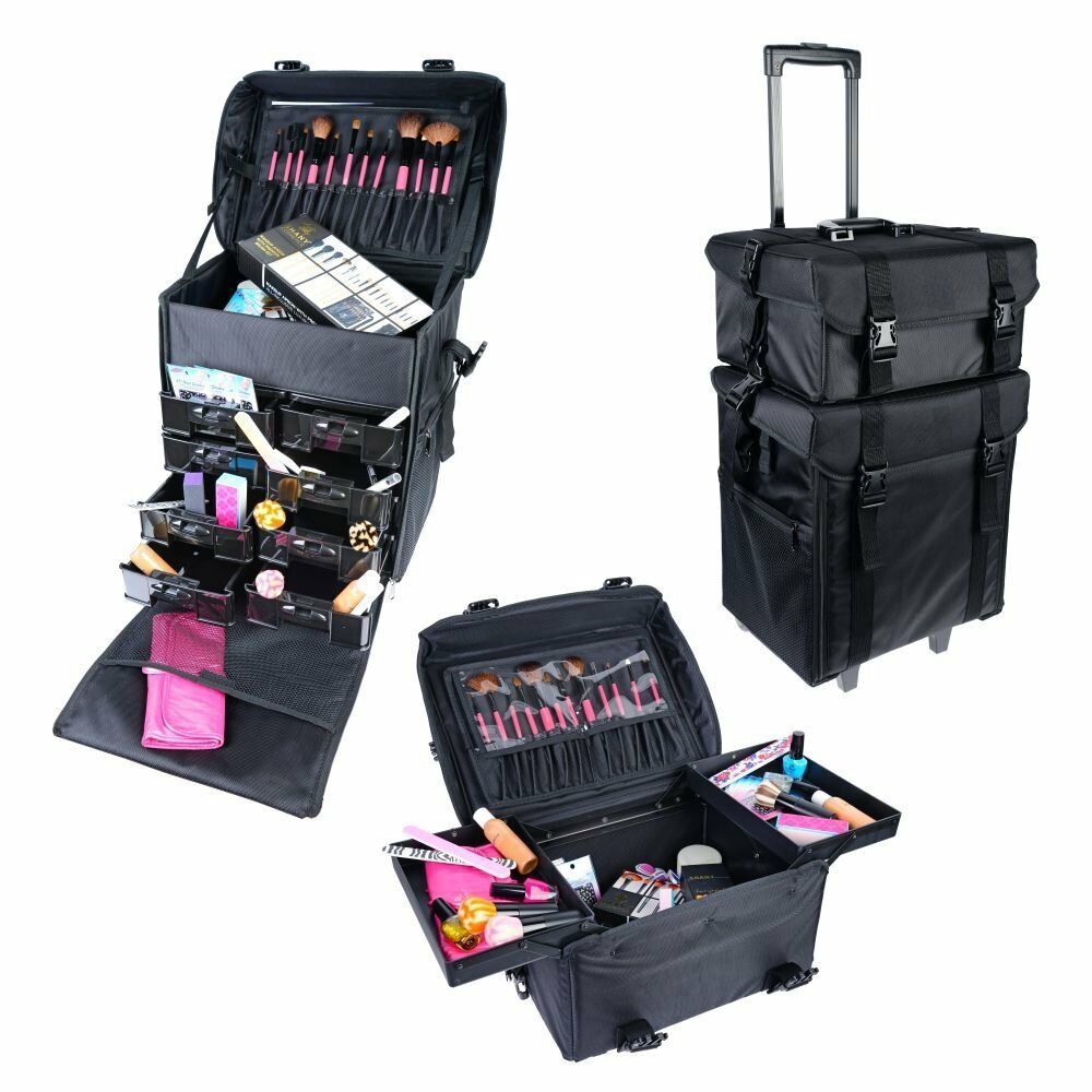 2 in 1 Soft Sided Rolling Trolley Makeup Case Nylon Storage Art Craft Tool Case Organizer