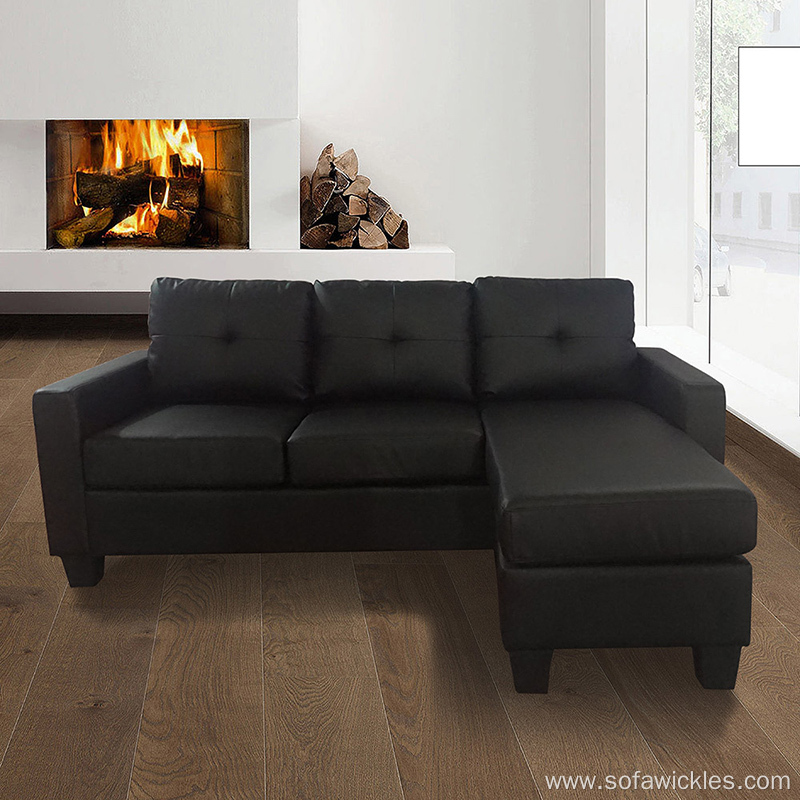 Living Room Black Leather L Shaped Sofa