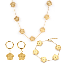 18K Gold Plated Women's Fashion Jewelry Set: Necklace, Bracelet, Earring - Stainless Steel Flower Shaped Five Leaf Clover
