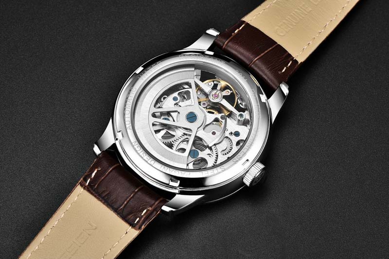 BENYARトップメンズ高品質の時計高級レザー腕時計ファッションよくデザインされたスケルトンメカニカルウォッチ防水