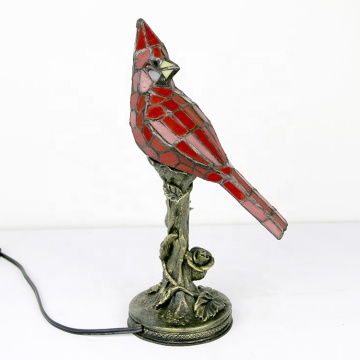 LongHuiJing Small Vintage Tiffany Style Stained Glass Red Cardinal Accent Table Lamp