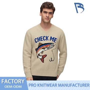 "Check Me" Trout Graphic V-Neck Knit Sweater