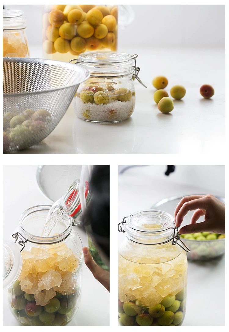 Hot Sell 500ml 1000ml Roun Shape Airtight Glass Pickles Jars Stainless Clip and Glass Lids, Glass Jam Jar