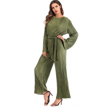 Middle East Dubai Beading Flare Sleeves Jumpsuit Loose Waist Belt Solid Color Pleated Muslim Jumpsuit Modest Clothing