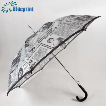 Newspaper print auto open metal frame straight rain umbrella